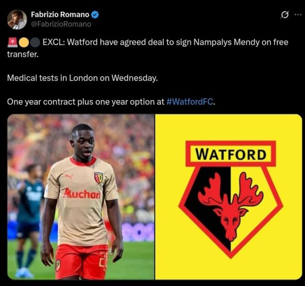 Romano: Watford will sign free agent South Paris Mendy to complete medical examination on Wednesday